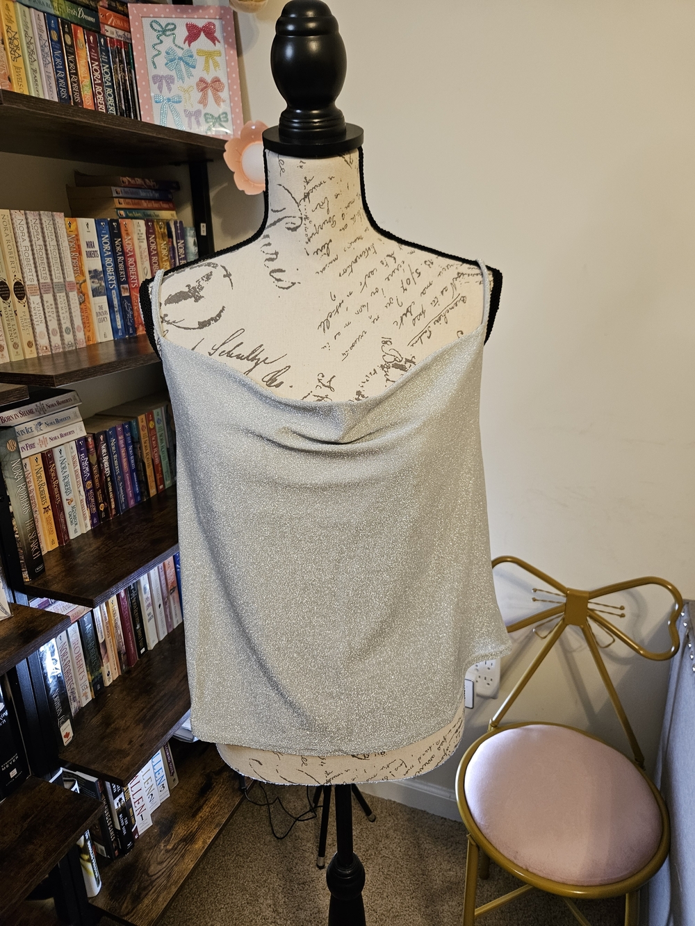 Sage +Fig Shimmery Silver Cowl Neck Tank Top